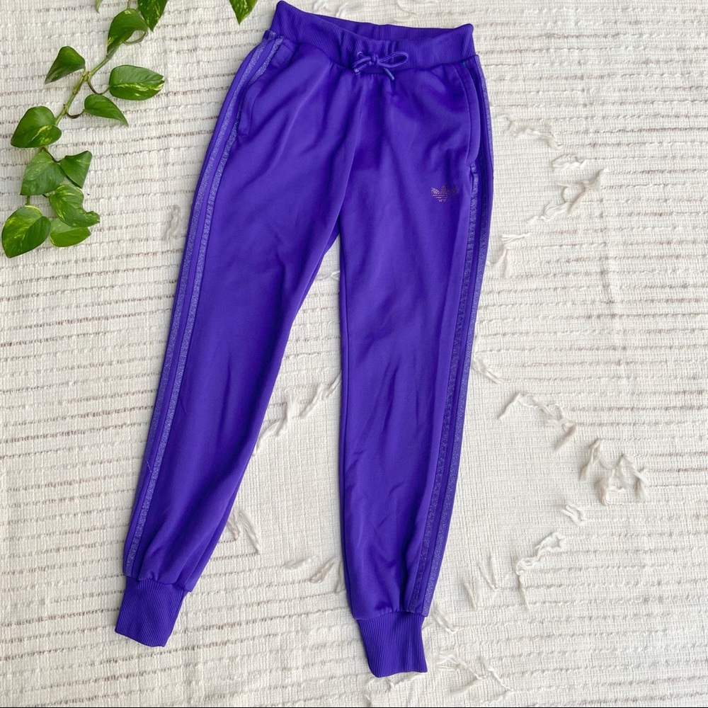 Adidas y2k purple 3 stripe sparkle metallic athleisure active jogger pants Sz XS